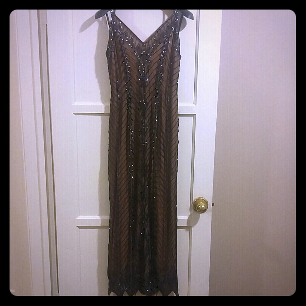 Black and Pewter beaded nude lined evening dress